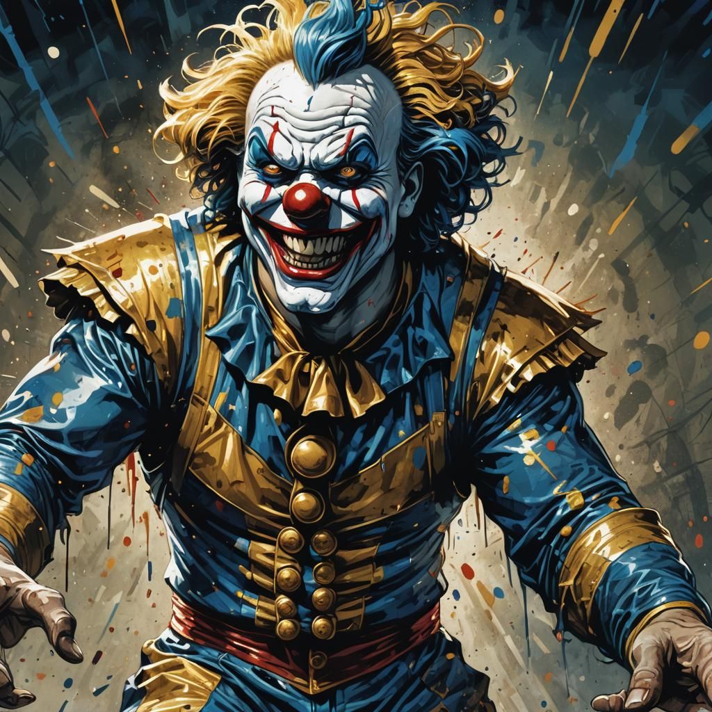 Creepy Horror Clown Wrestler in Blue and Gold