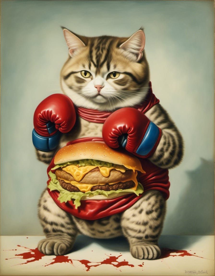 Obese Kitten Boxer Enjoying Cheeseburger