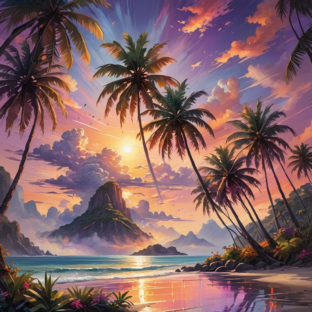 Tropical Island Sunset in Vibrant Oil Painting