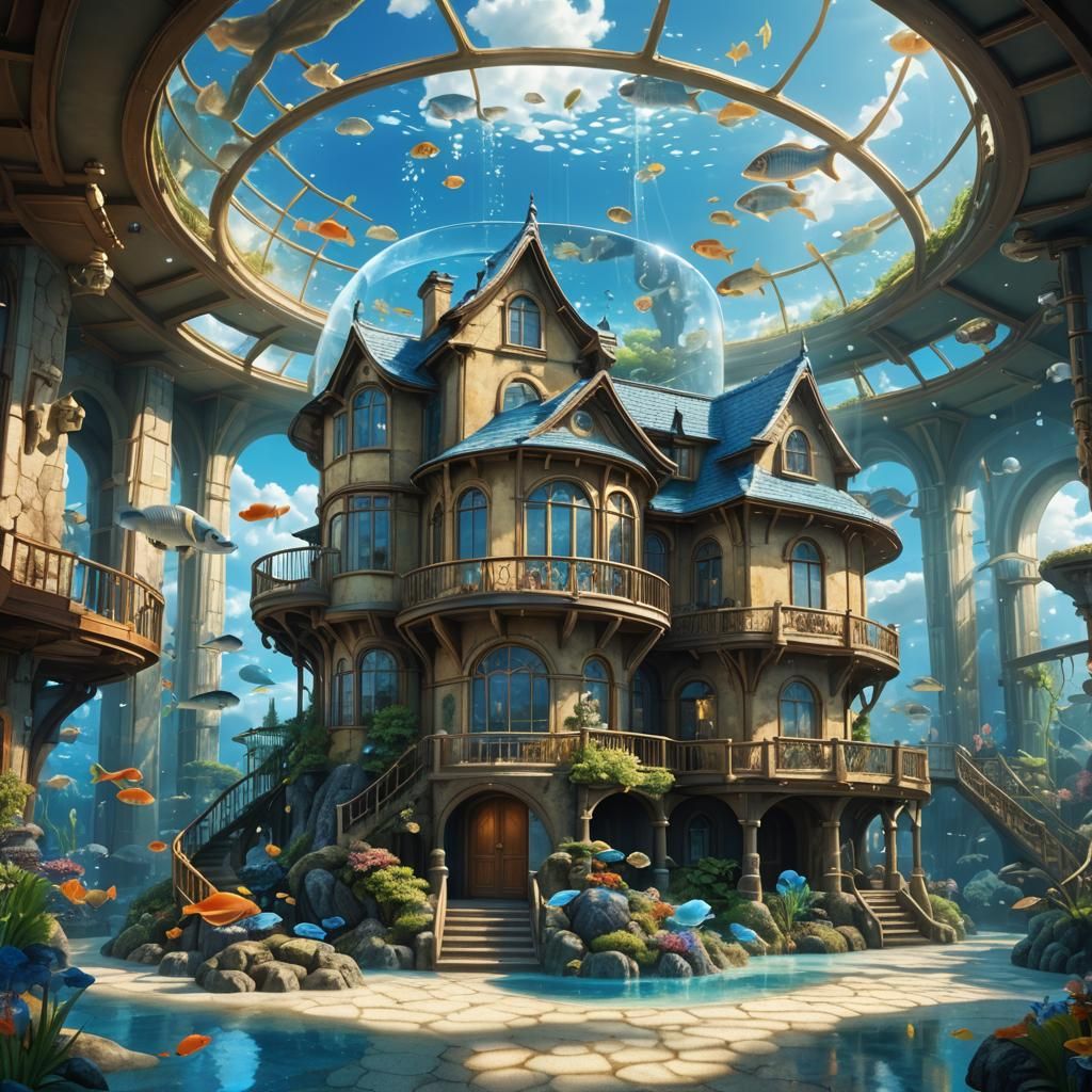 House in Aquarium: Dreamlike Fantasy Concept Art