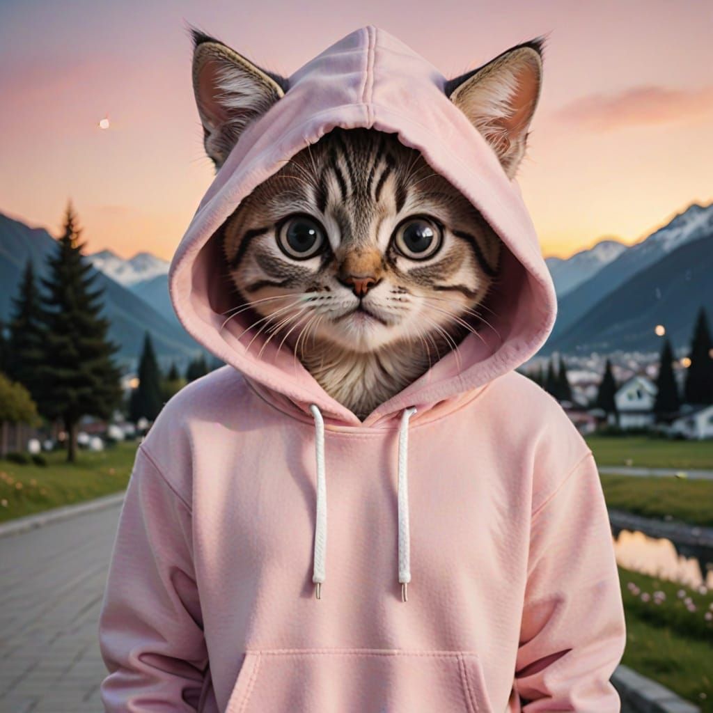 Kawaii Kitten with Big Eyes in Hoodie