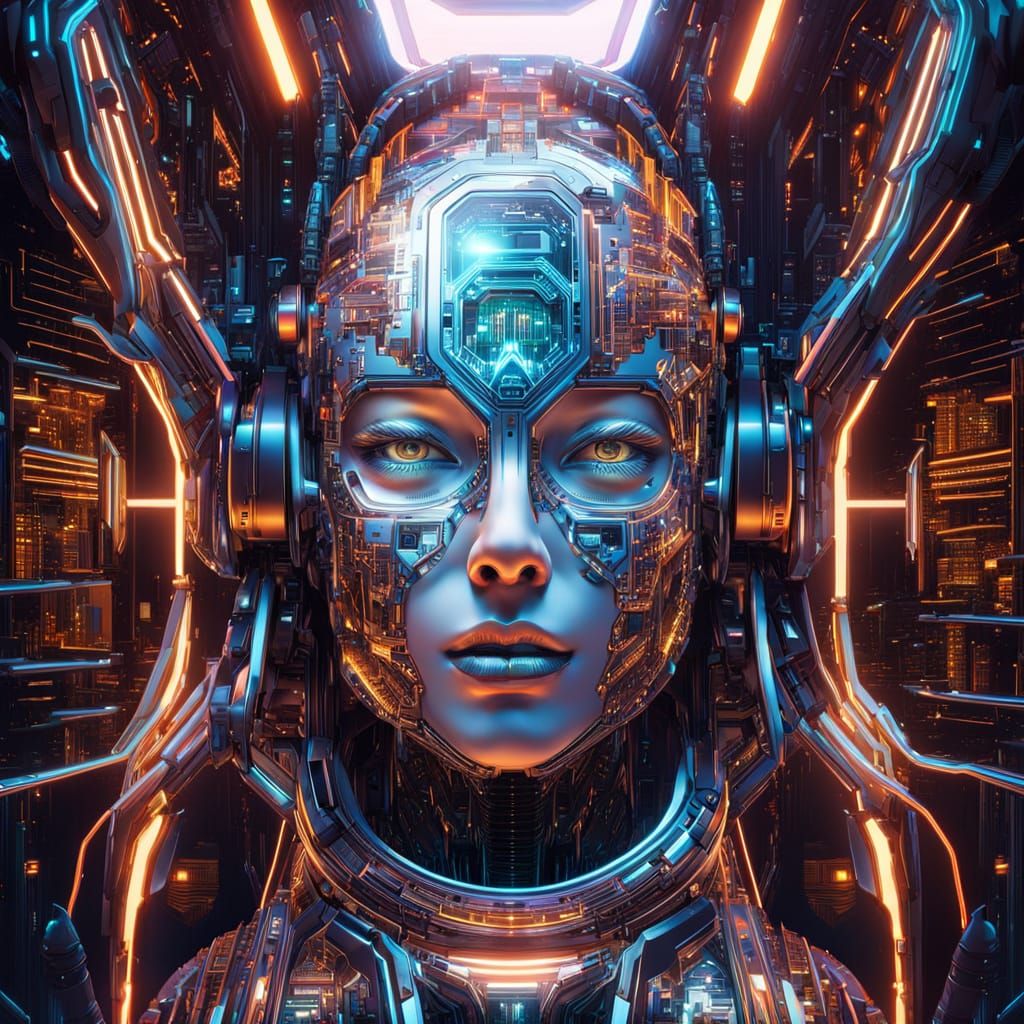 Futuristic Cityscape with Robot in Neon Lights