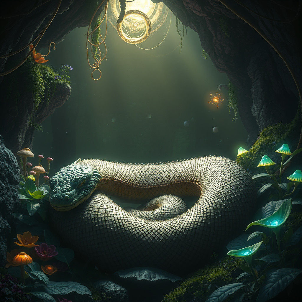 Serpentine Slumber: Mystical Cave Scene