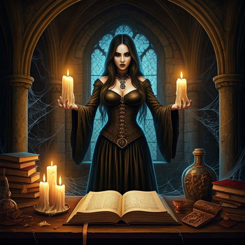 Gothic Sorceress Conjuring Spells in Candlelit Chamber