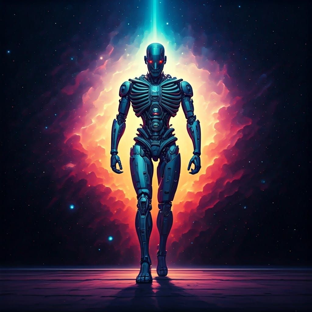 Futuristic Biomechanical Humanoid in Interstellar Neon Lands...