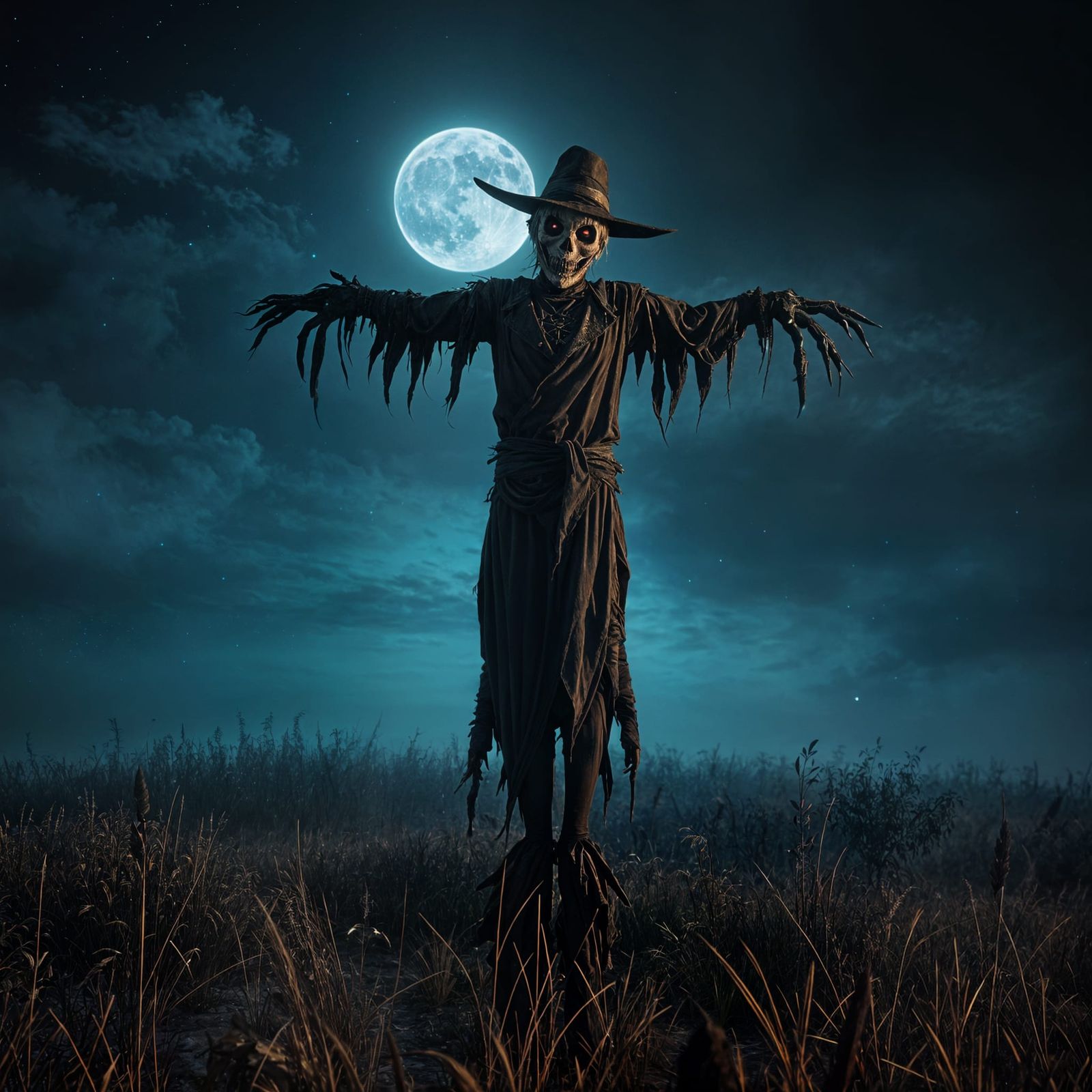 Scary Scarecrow in Field at Night in 3D