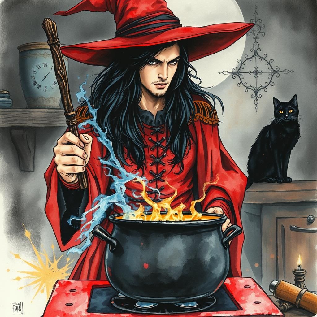 Joven brujo preparando la pocima