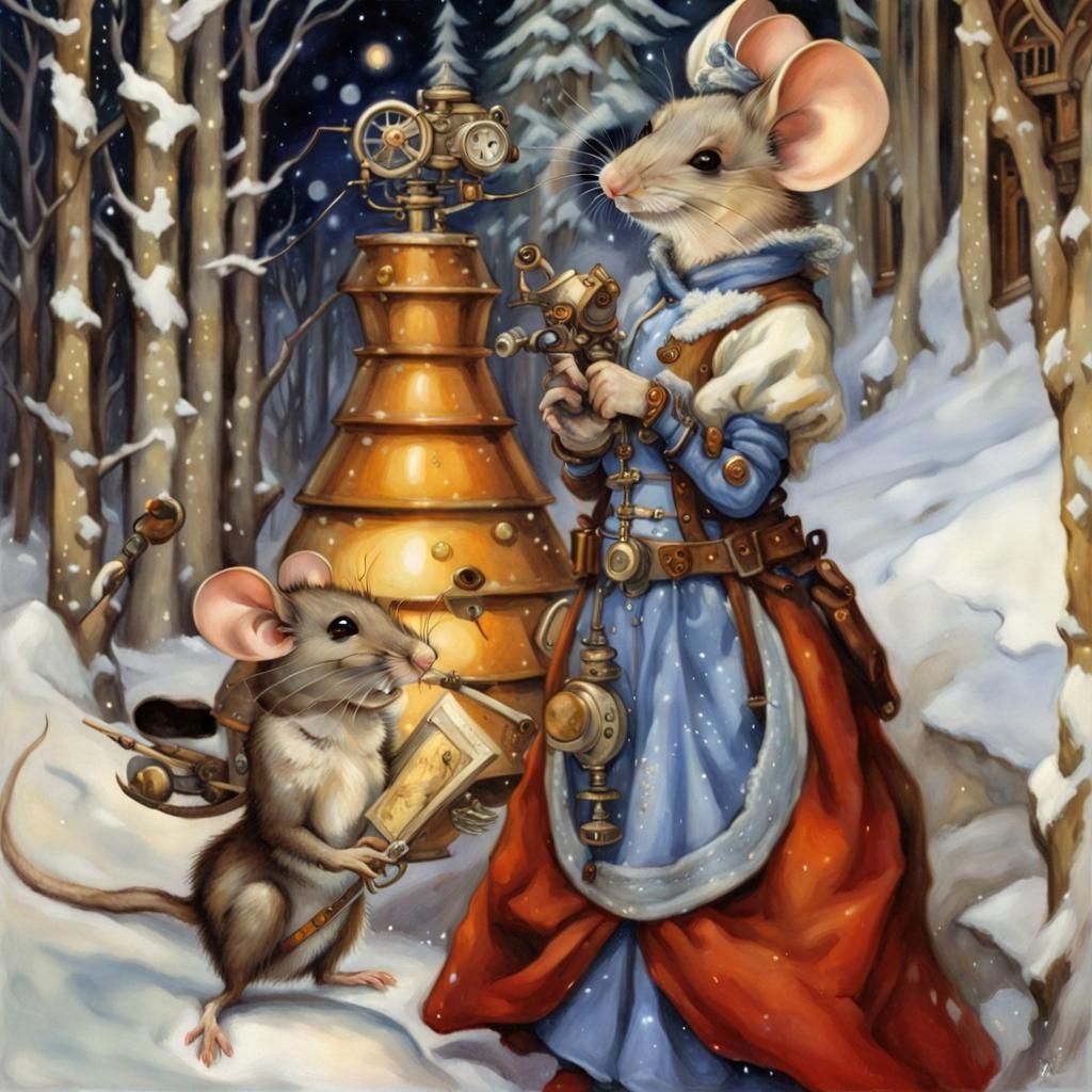 Steampunk Mouse Winter Fantasy in Sci-Fi Fairycore Style