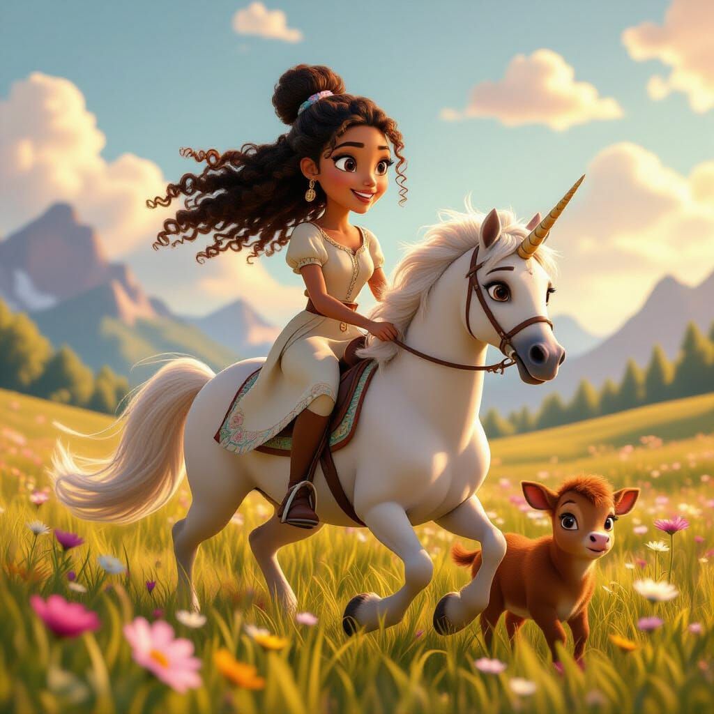 Latina Woman on Pegasus in Pixar-Style Meadow
