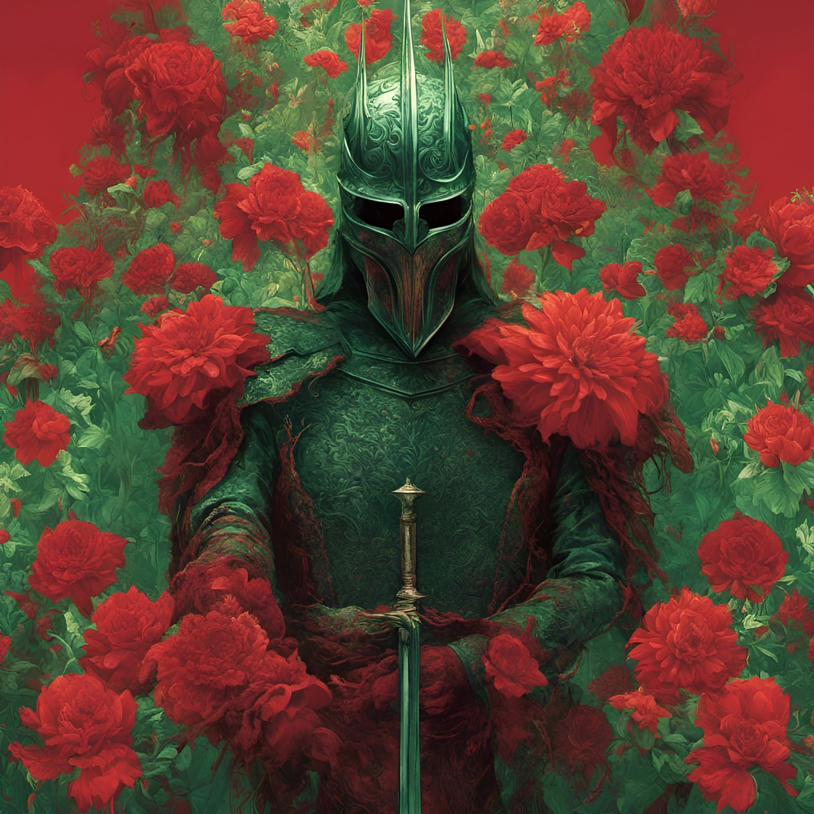 Floral Knight in Red and Green Armor