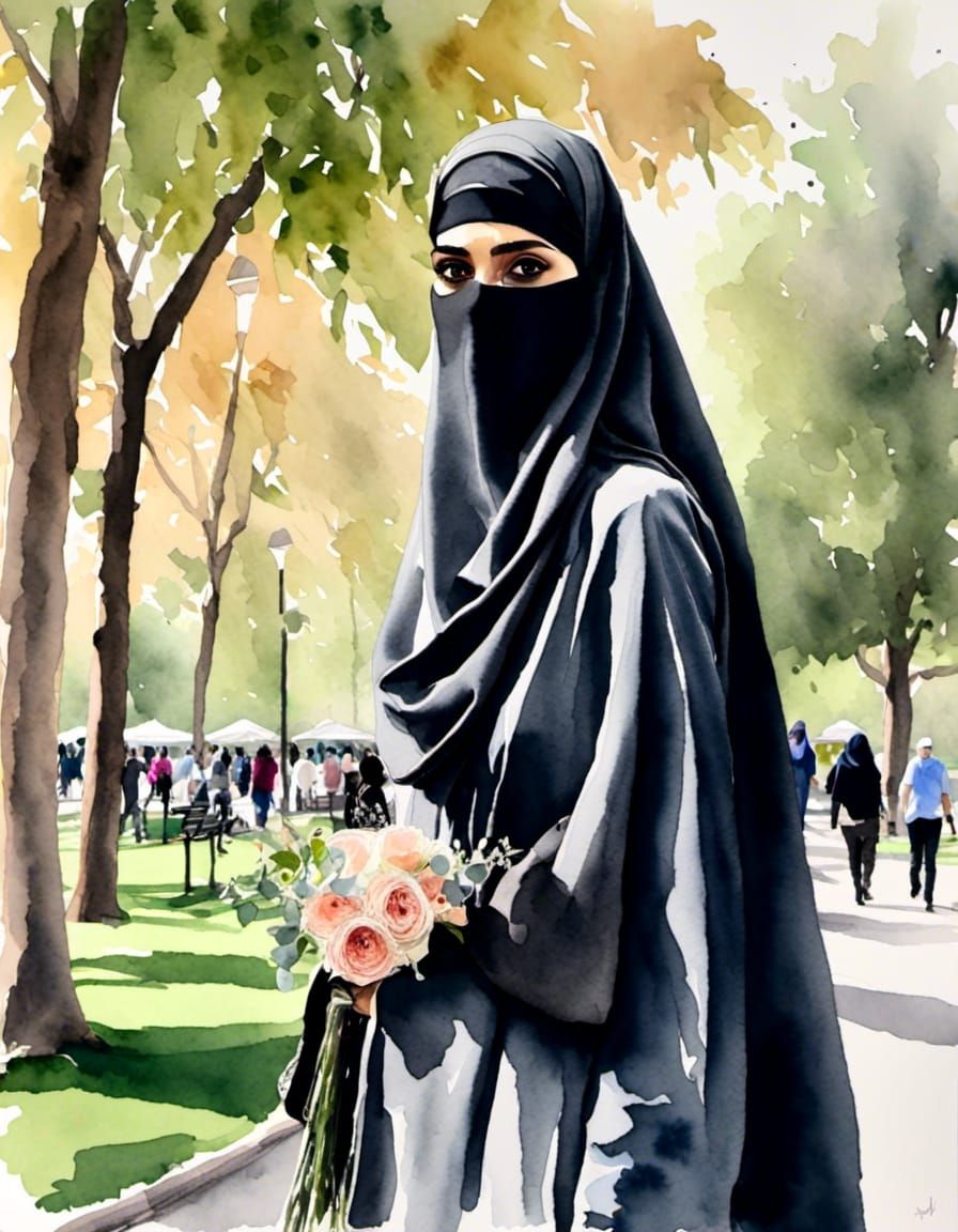 European Niqabi Woman Portrait in Watercolor Style