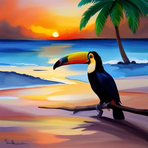 Fiji Toucan Watercolor Painting with Beach Sunset