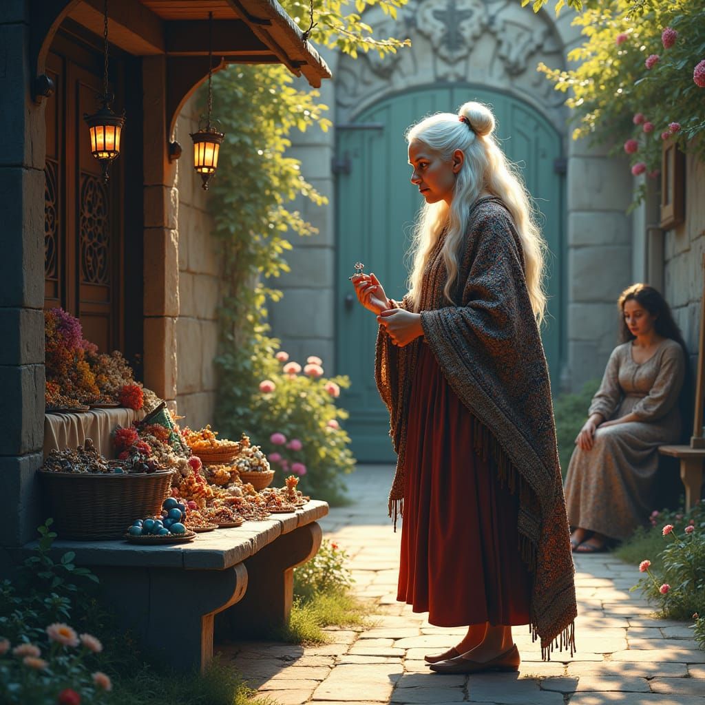 Elderly Peddler at Tudor School Gate: Fantasy Concept Art
