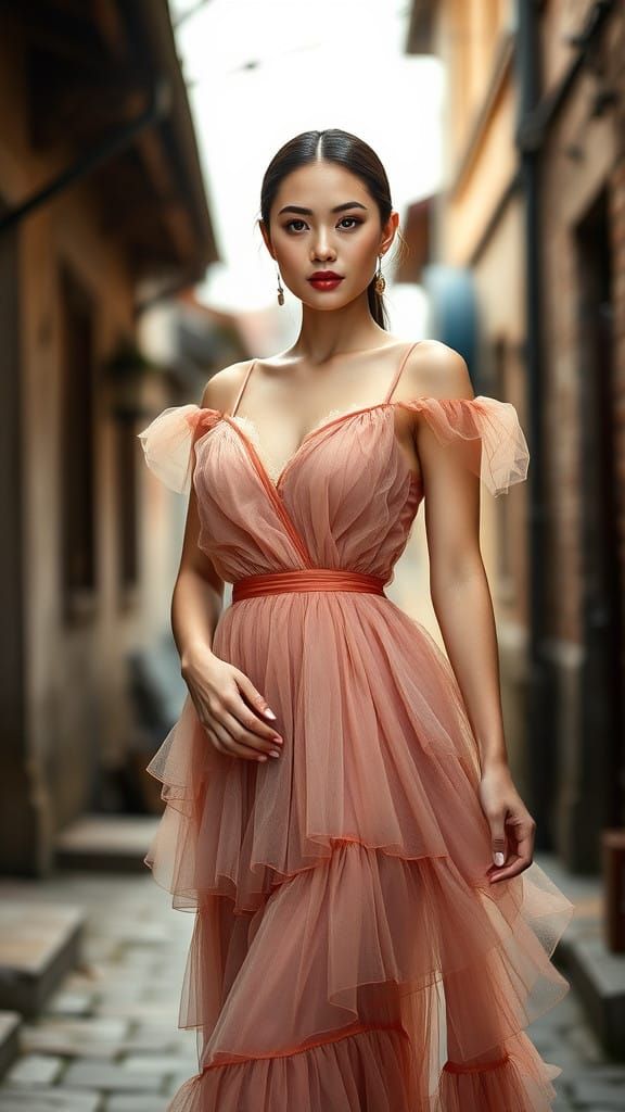 Stunning Vietnamese Woman in Elegant Tulle Dress