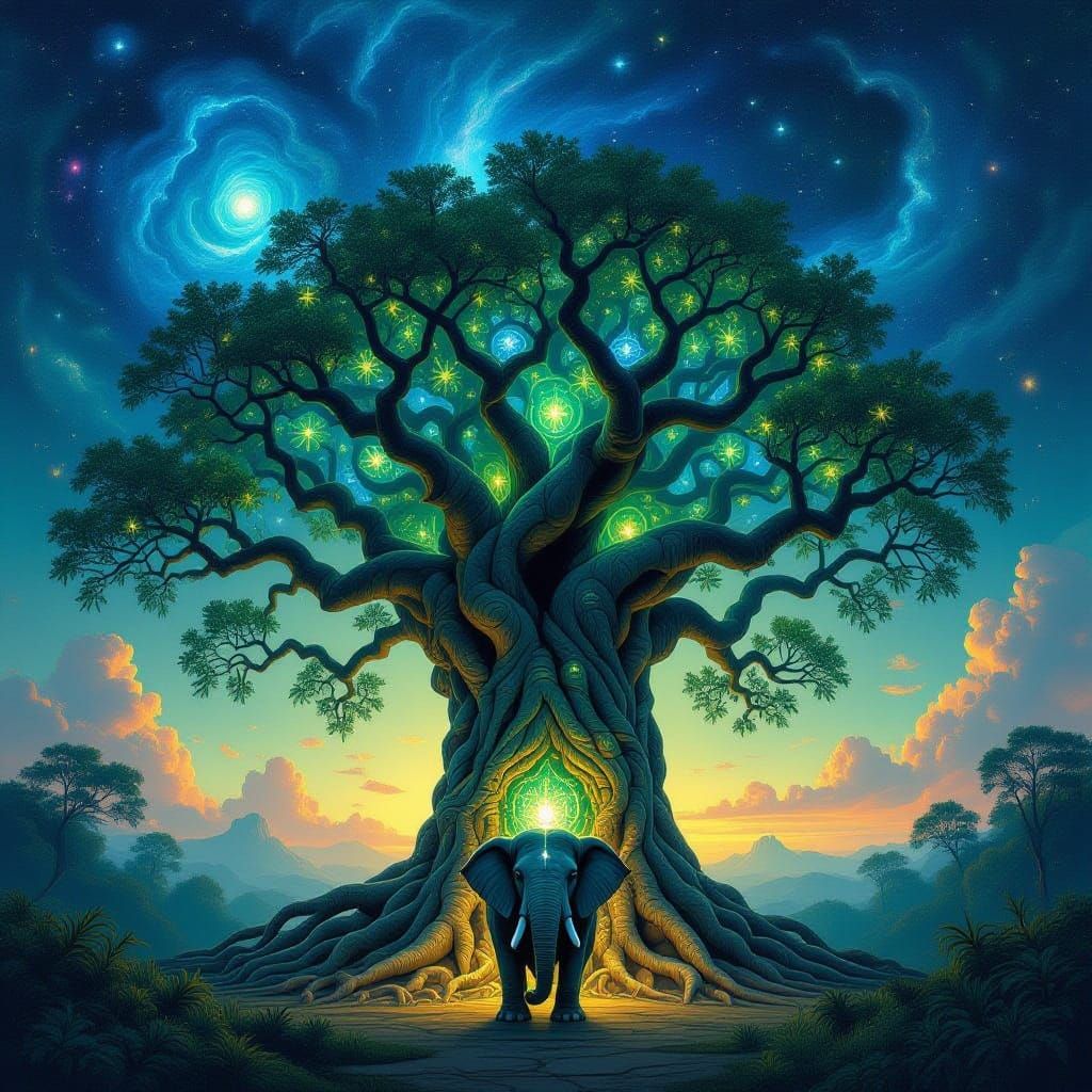 Ancient Banyan Tree with Circuit Roots and Bioluminescent Fl...