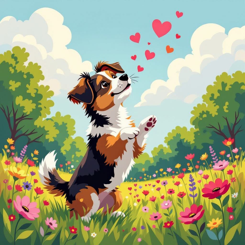 Dog Blowing Hearts in Wildflower Field, Storybook Style