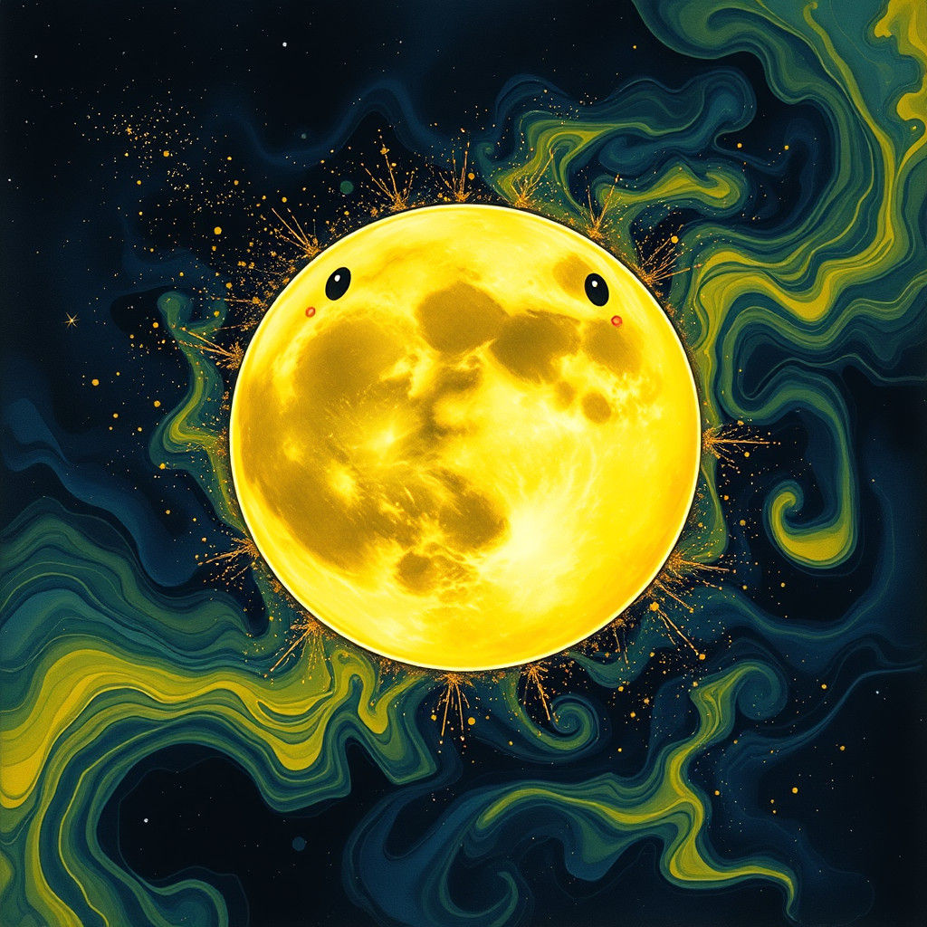 Ethereal Moon Radiating Stardust in Liquid Painting Style