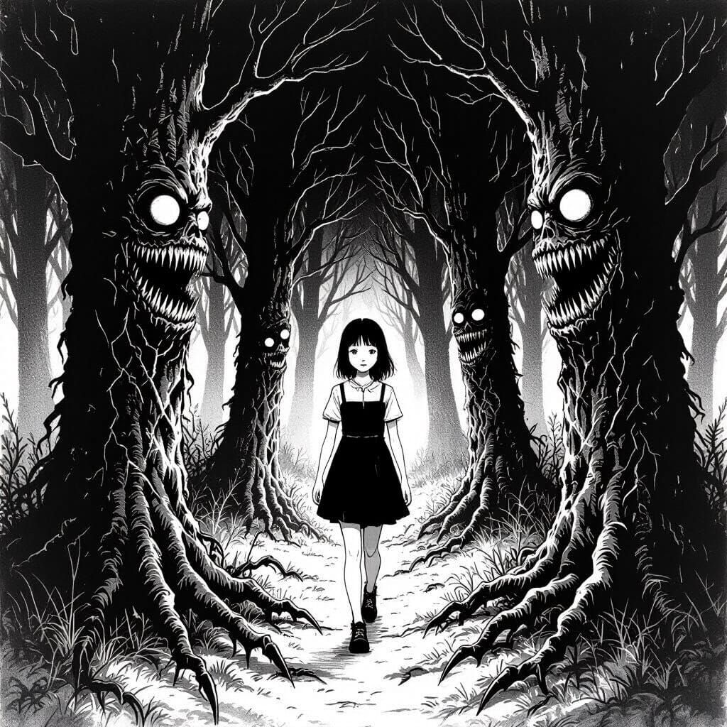 Terrifying Forest with Claws and Teeth in Junji Ito Style