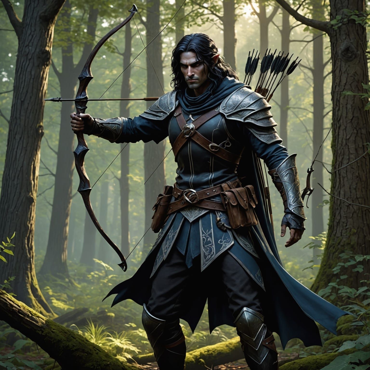 Drow Ranger in Dark Fantasy Forest, Hyperdetailed Art