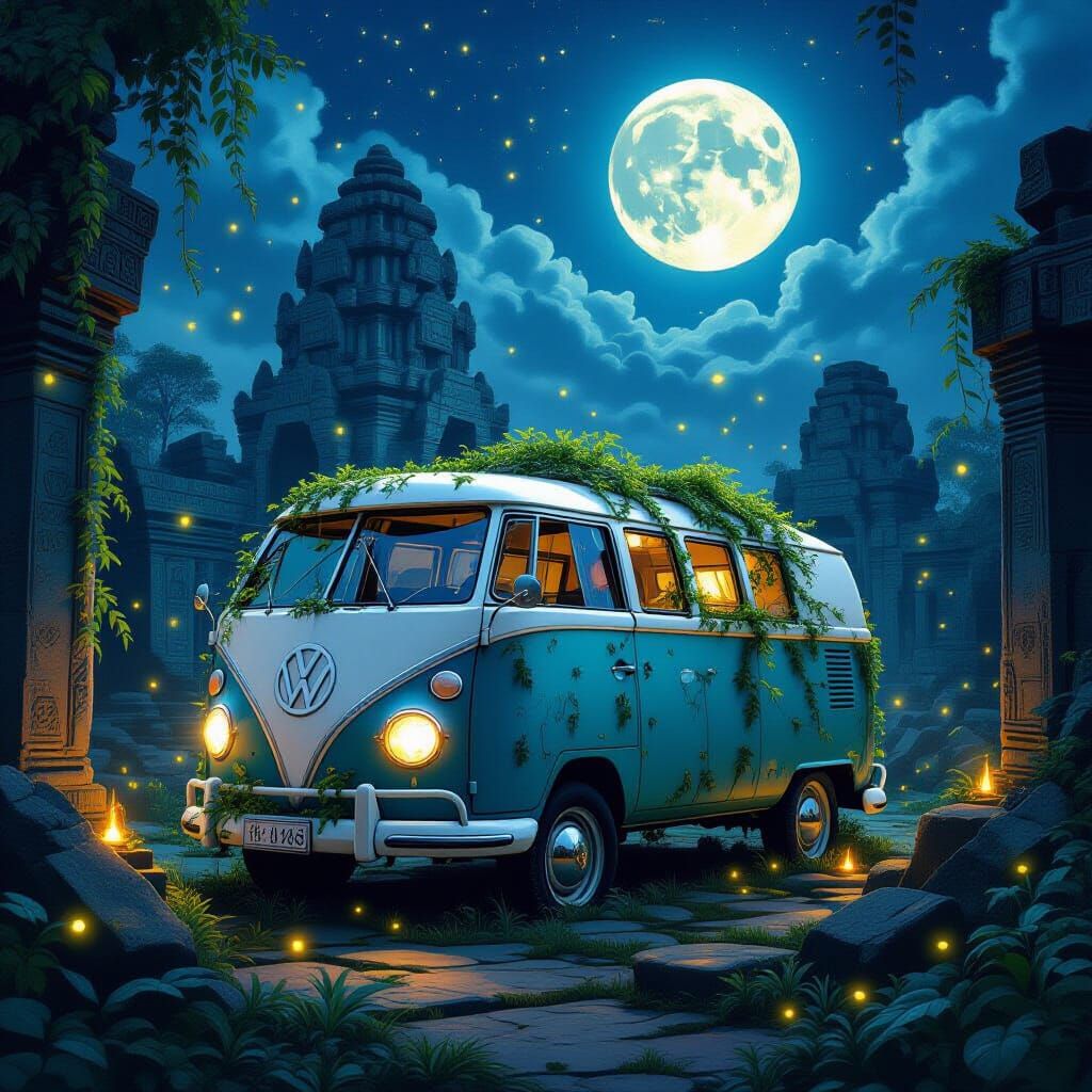 VW Van in Moonlit Ruins with Fireflies