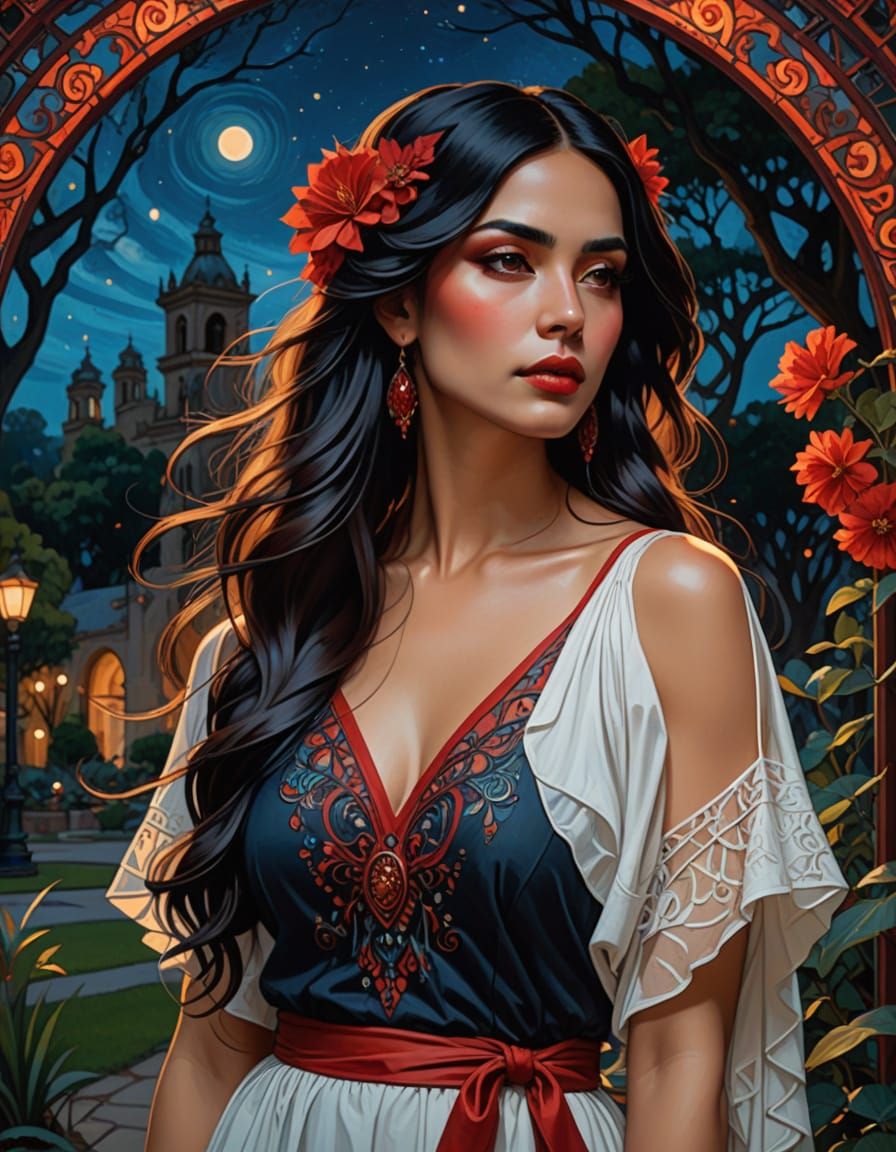 Mexican Woman in Park at Night, Oil Painting Style