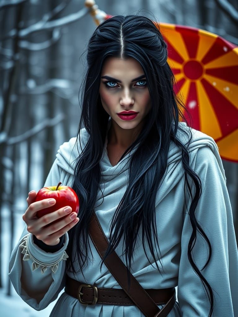 Evil Warrior Woman Waves Macedonian Flag with Apple