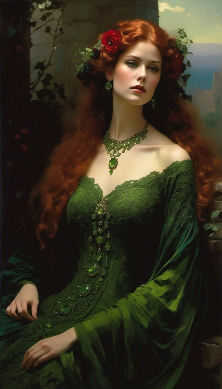 Two Women in Green Lace Gowns, Detailed Digital Art