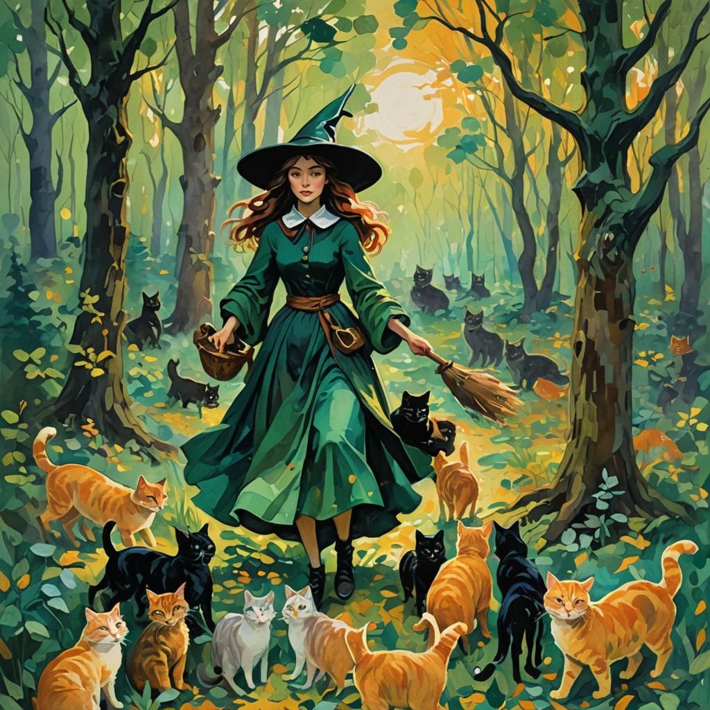 Young Witch Surrounded by Cats: Impressionist Gouache Painti...