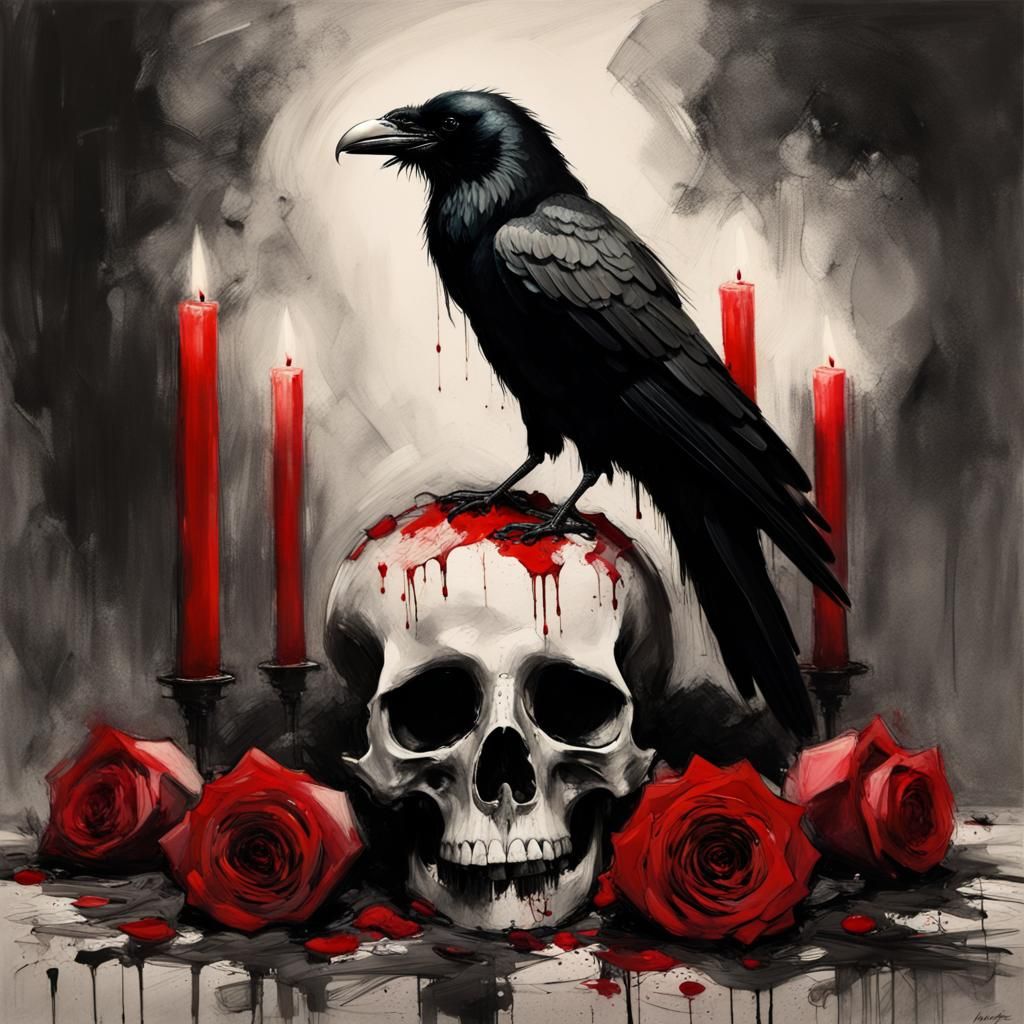 Black Raven on Skull: A Dark Fantasy Sketch