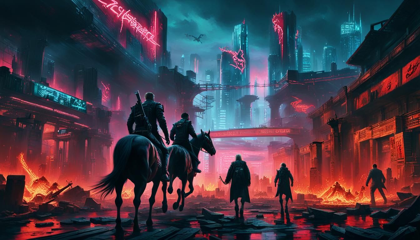 Cyberpunk Horsemen in Burning City Ruins