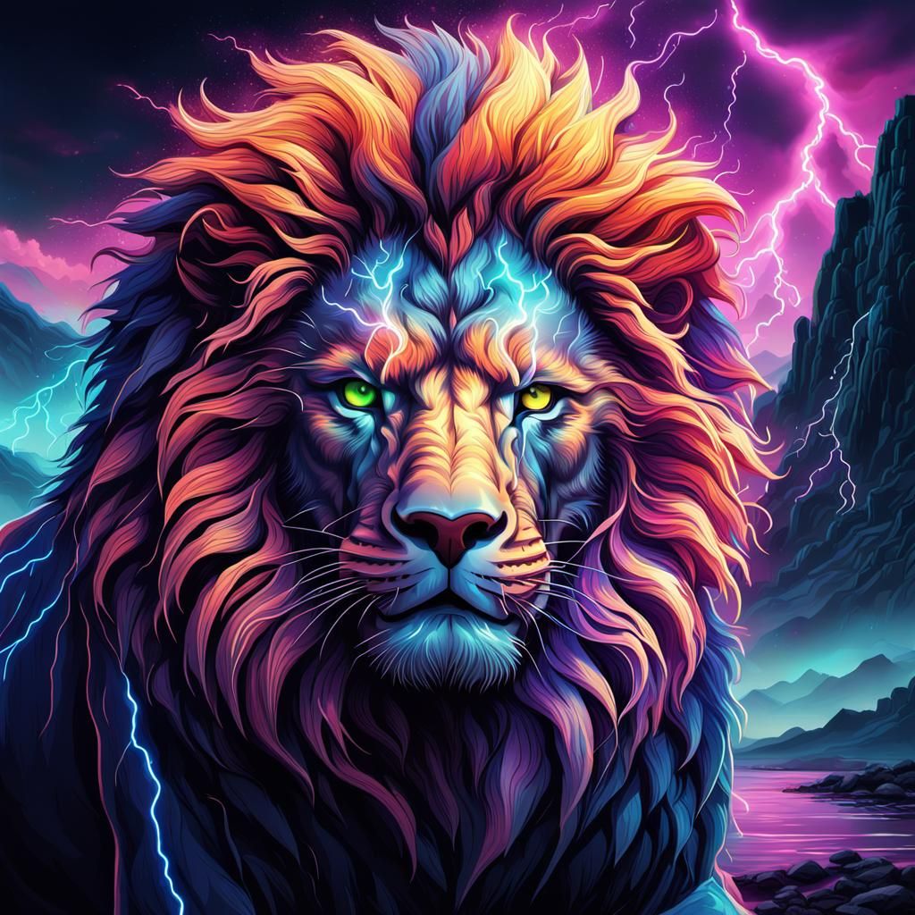 Majestic Lion with Glowing Eyes in Synthwave Style