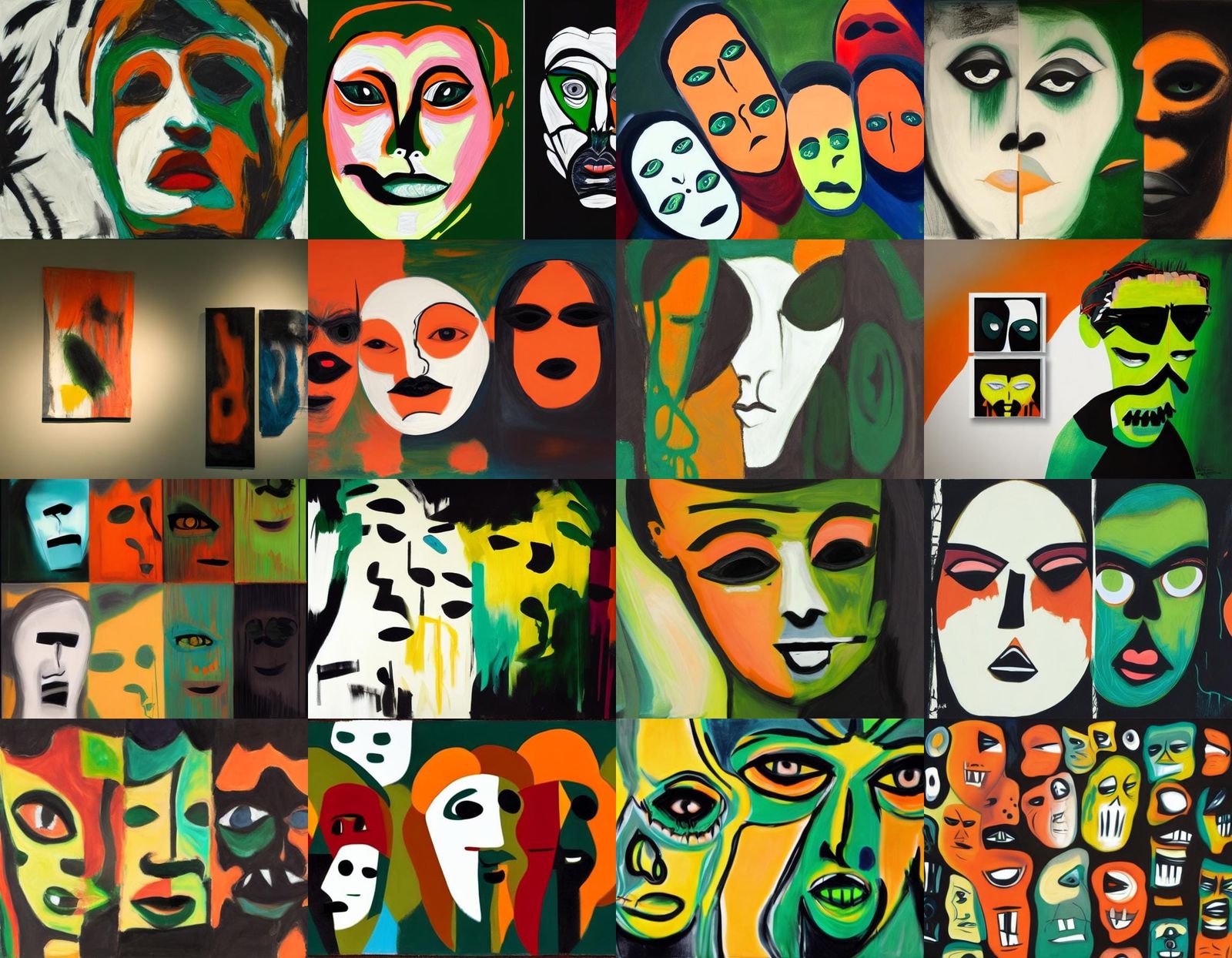 Expressionistic Scary Faces in Black, Green and Orange