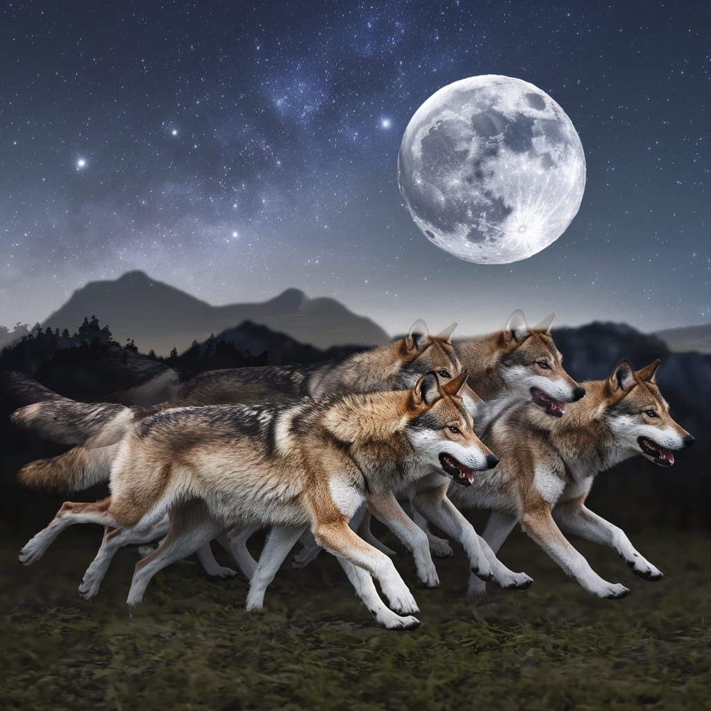 Double Exposure: Wolves, Moon, Mountains, and Stars