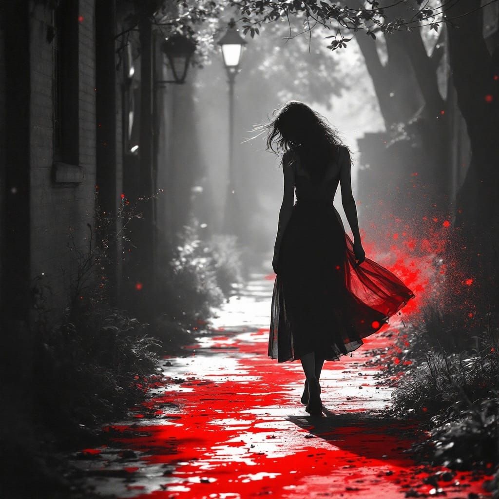 Monochrome Street Scene with Red Accent