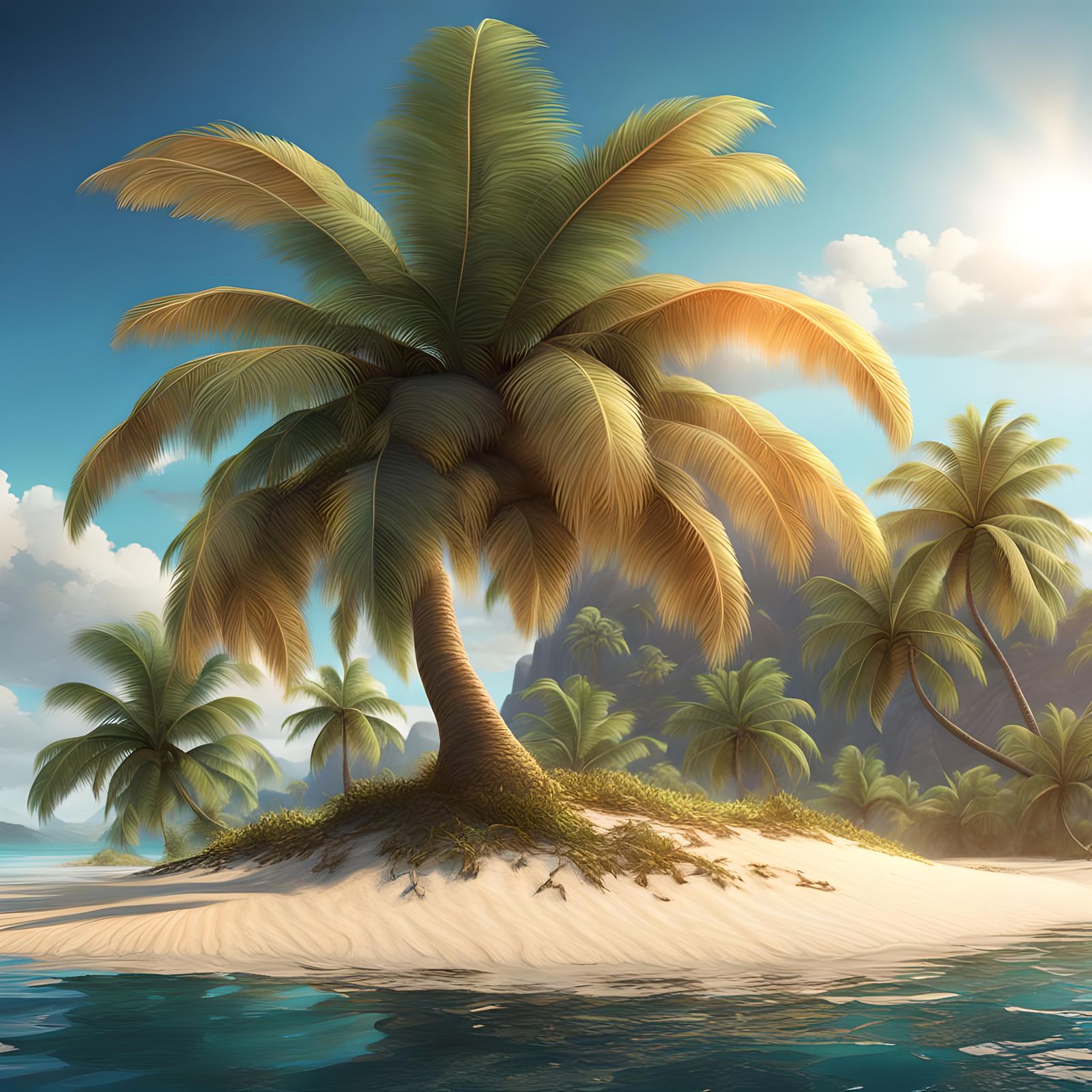Tropical Island Paradise with Palm Tree and Coconuts