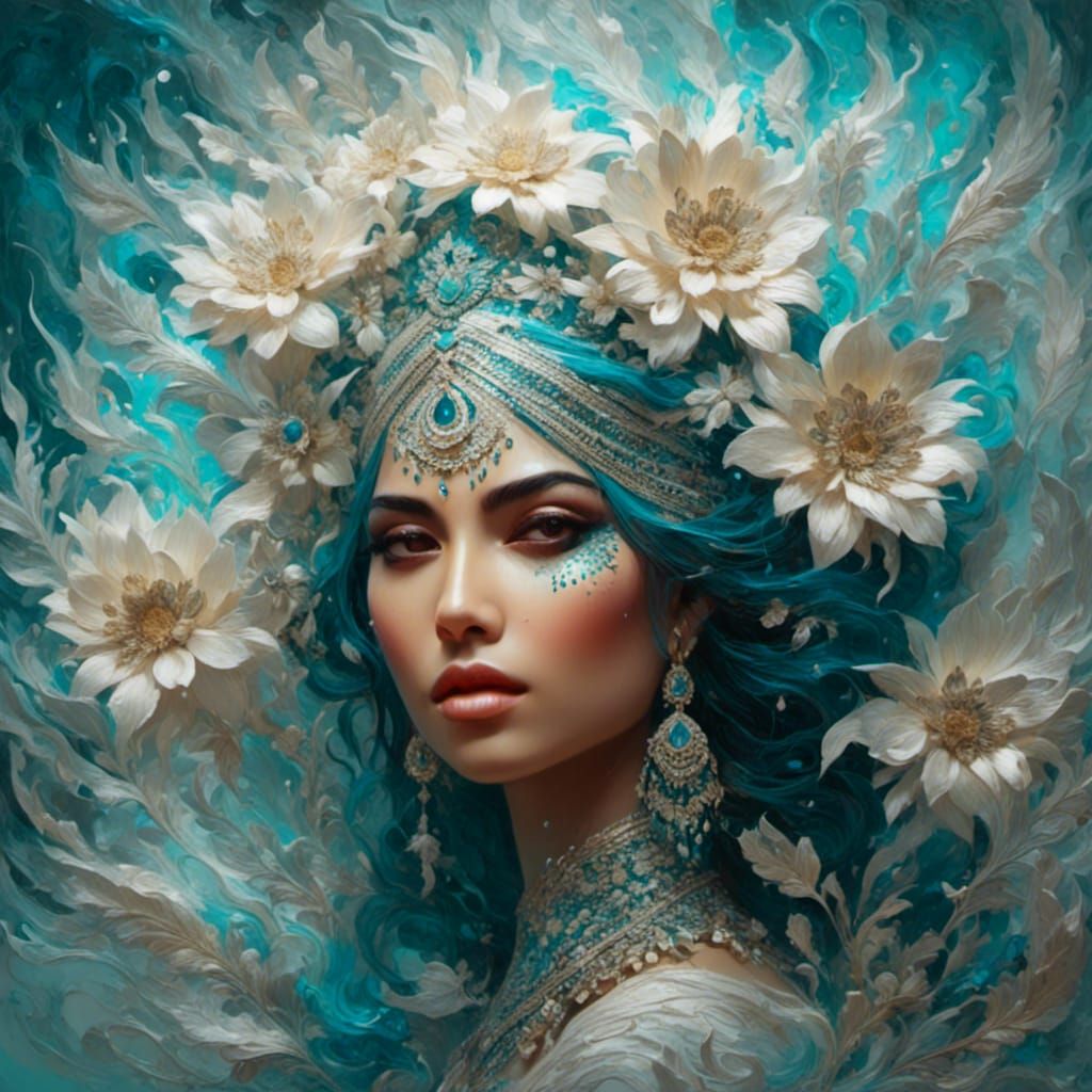 Serene Woman in Digital Acrylic Painting with Oceanic Motifs