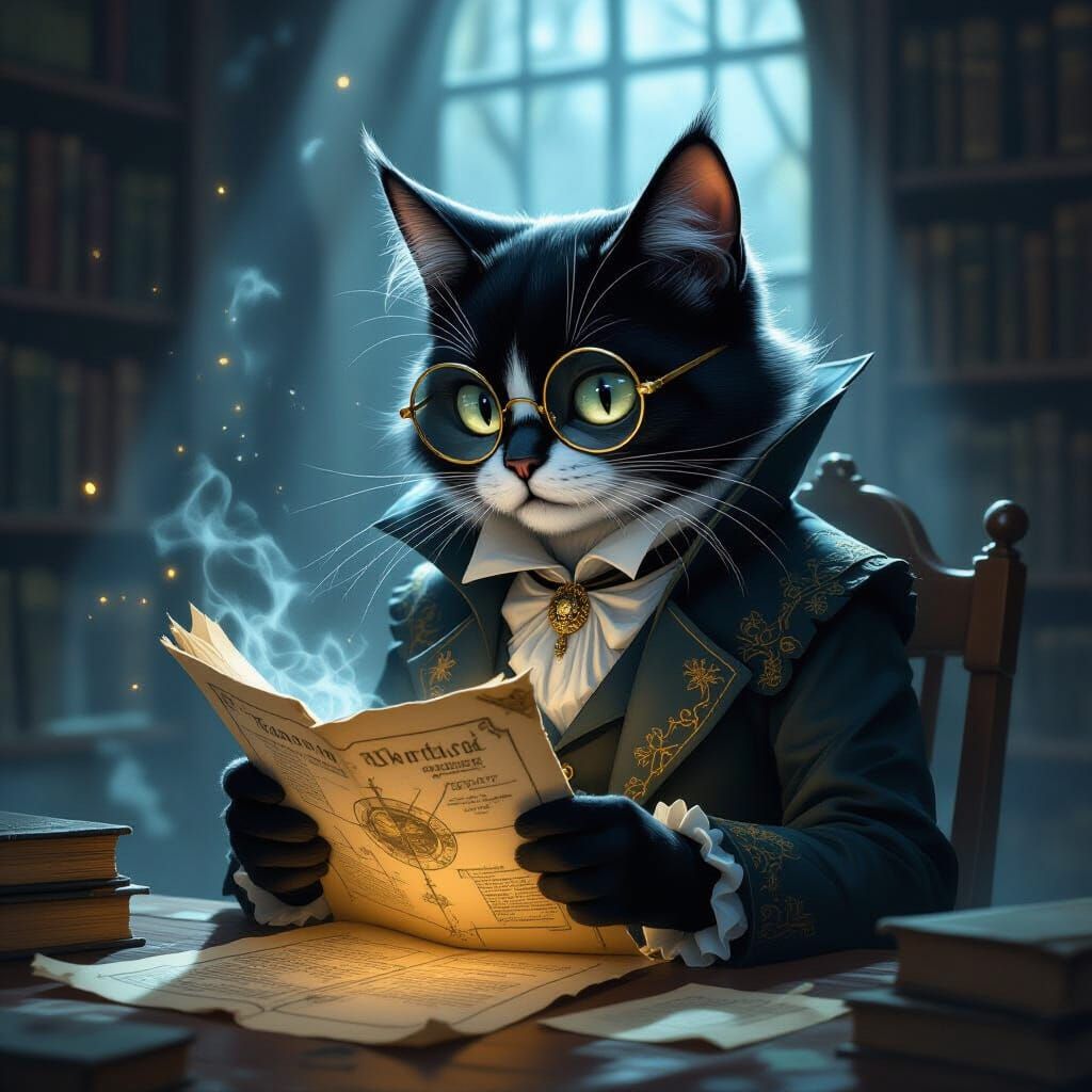Ethereal Cat-Person Unearths Map in Moonlit Library