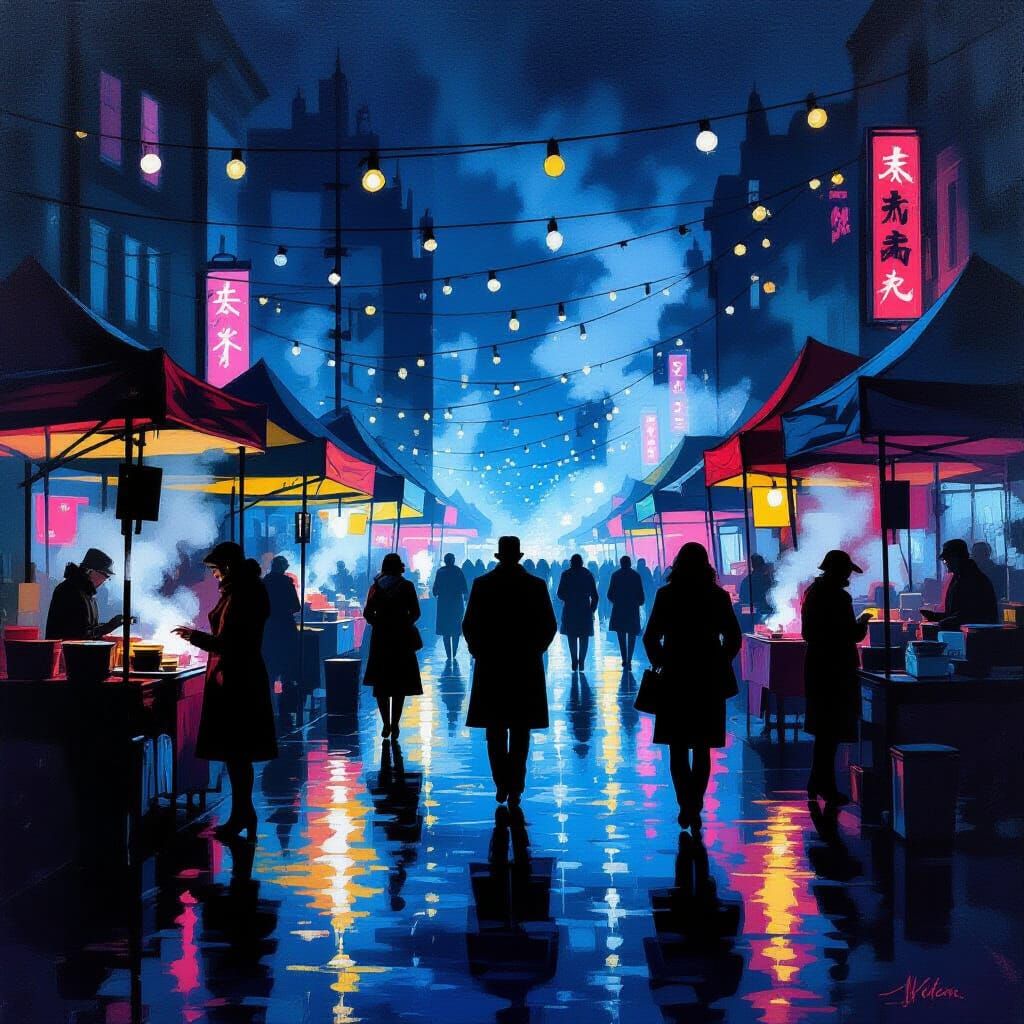 Film Noir Night Market in Edward Hopper Style