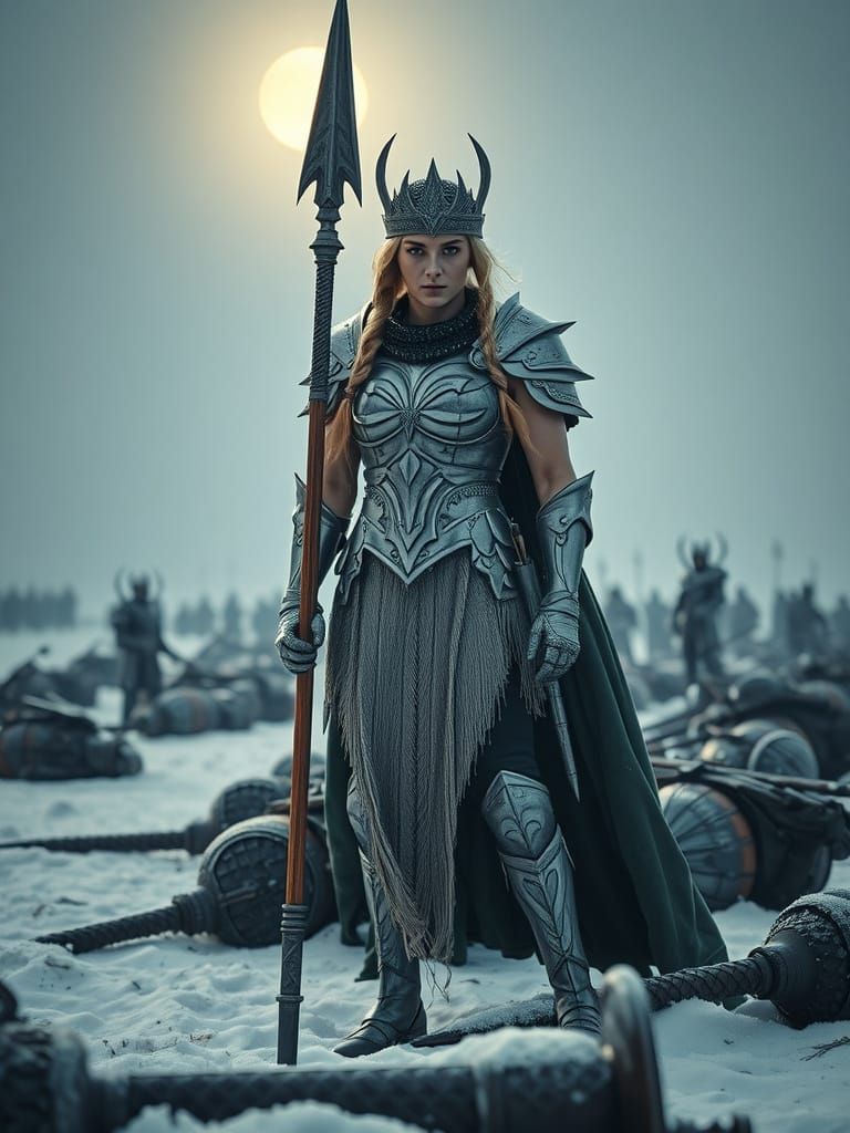 Ethereal Valkyrie in Silver Armor Basks Under Moonlit Battle...