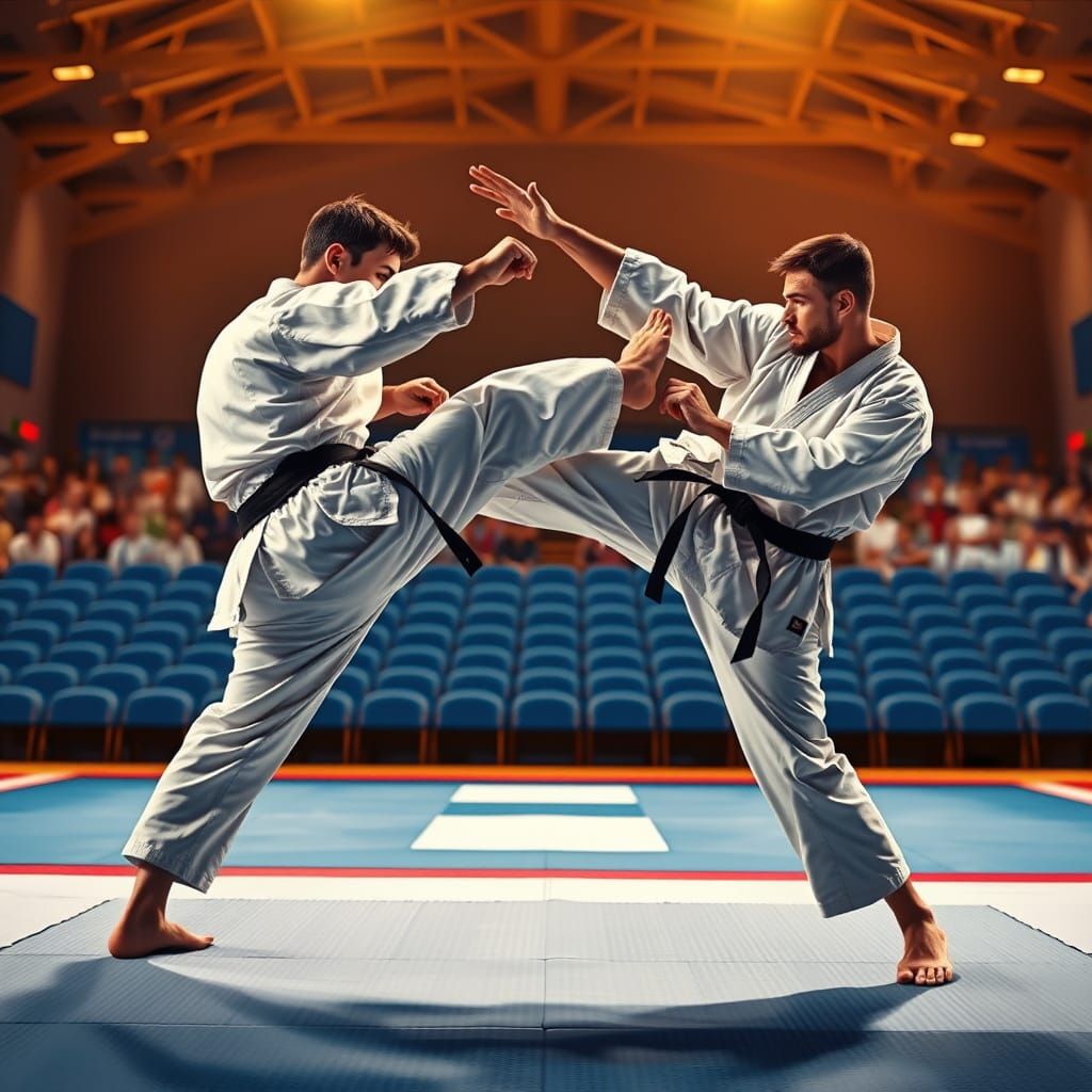 Karate Athletes Clash in Championship Hall