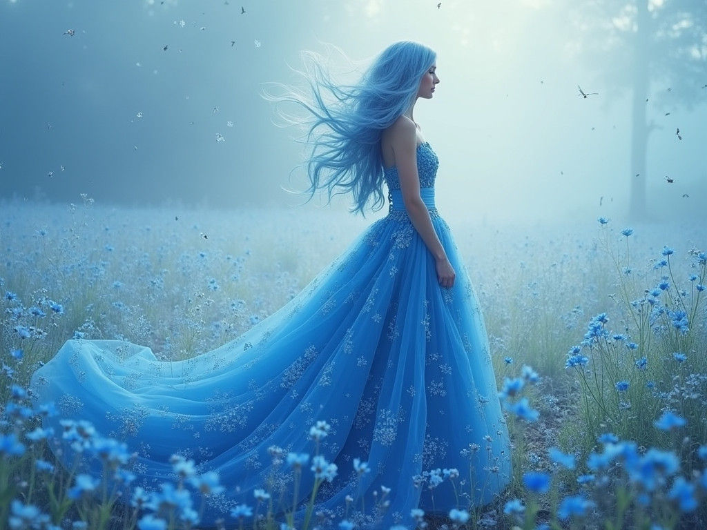Woman with Blue Hair in Floral Meadow