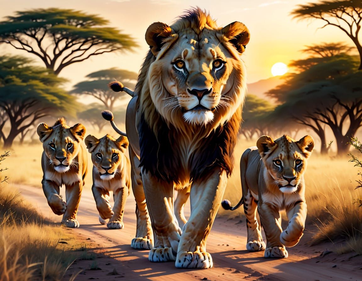 Savannah Queen with Cubs in Golden Light