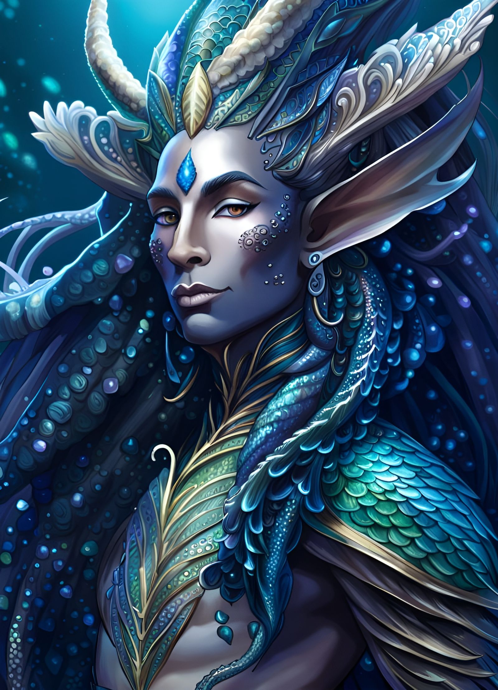 Blue Sea Elf Merman Portrait in Fairycore Style