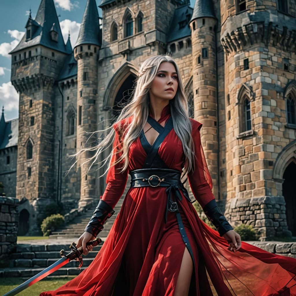 Beautiful Ninja Woman with Sword in Fantasy Castle