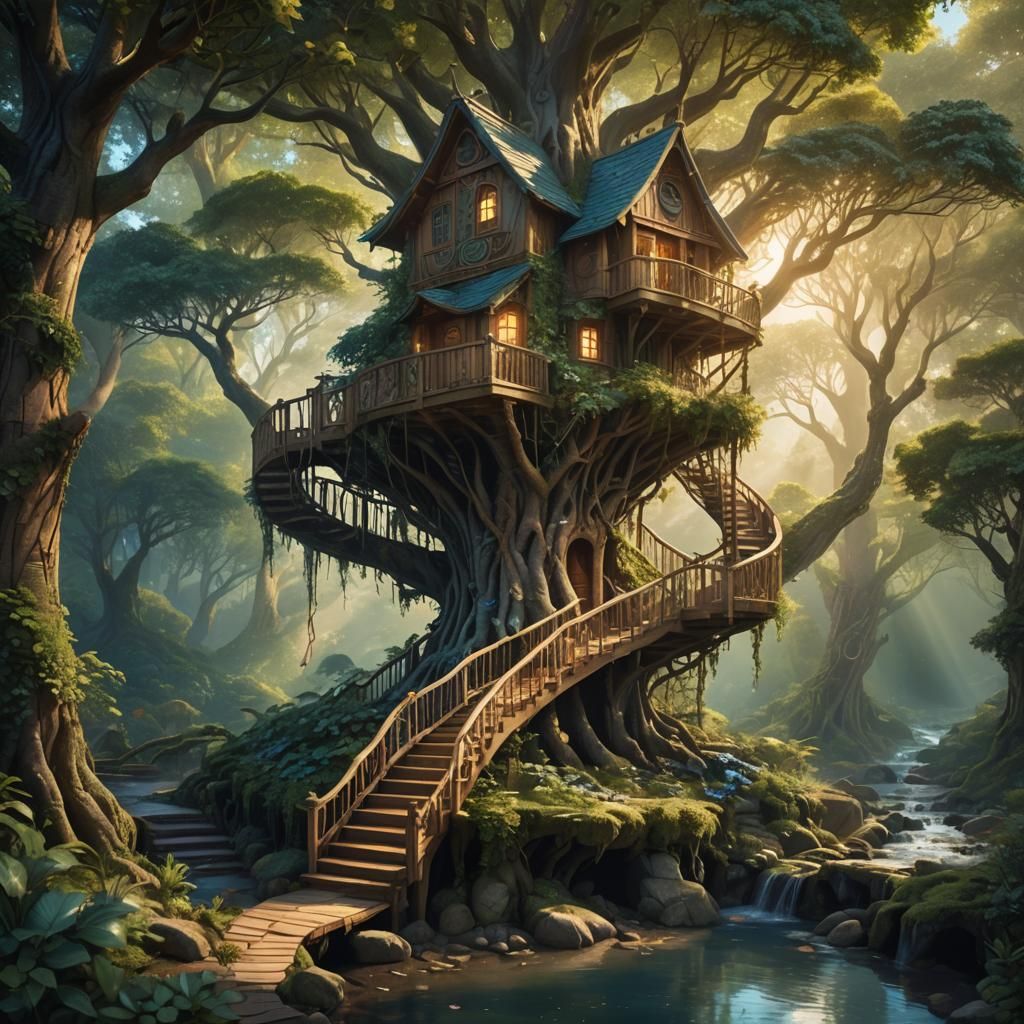 Enchanted Forest Treehouse in Golden Light