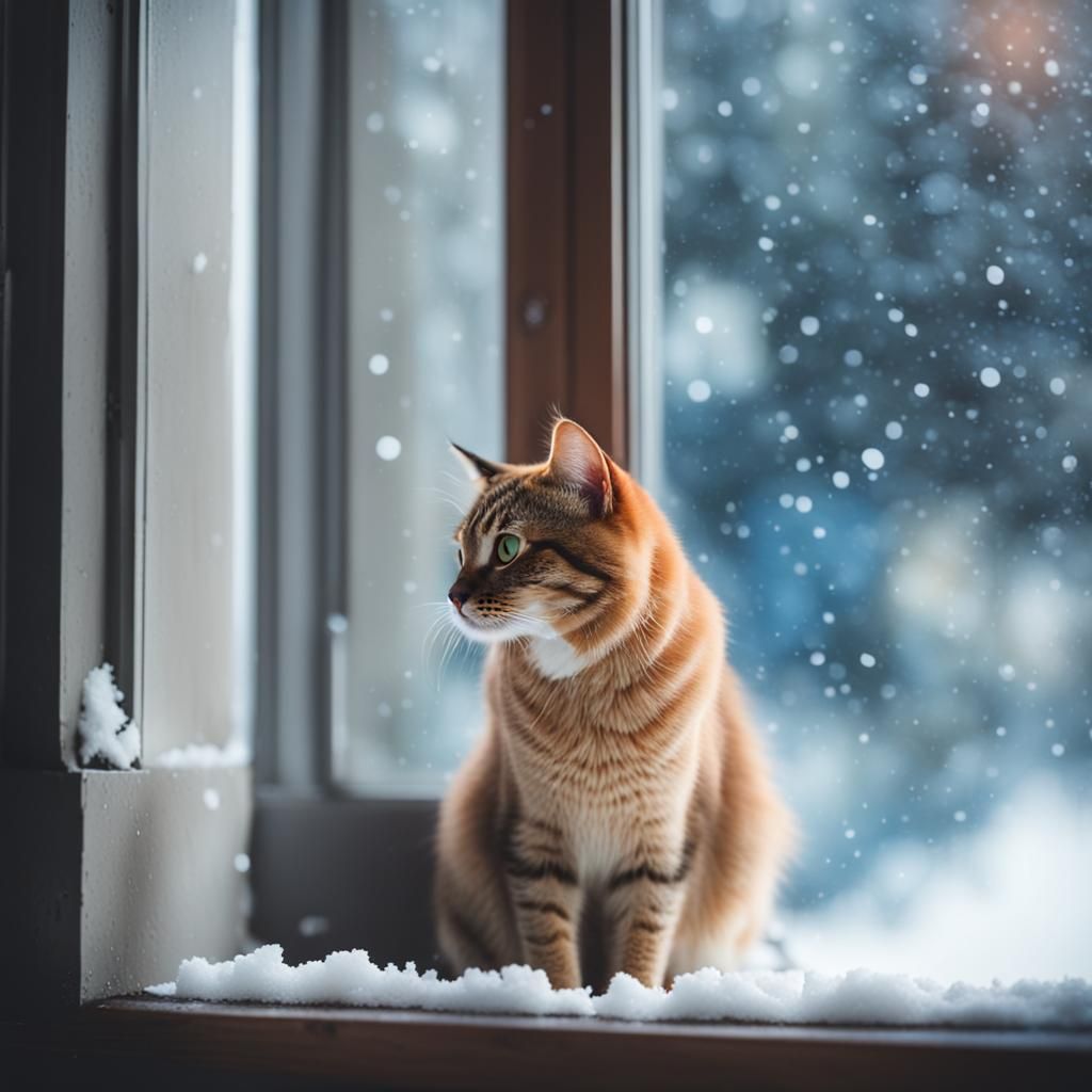 Cat Watching Snowfall: Professional Photography