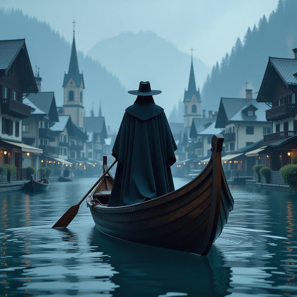 Shadowy Figure Navigates Ancient Boat Through Swiss Town
