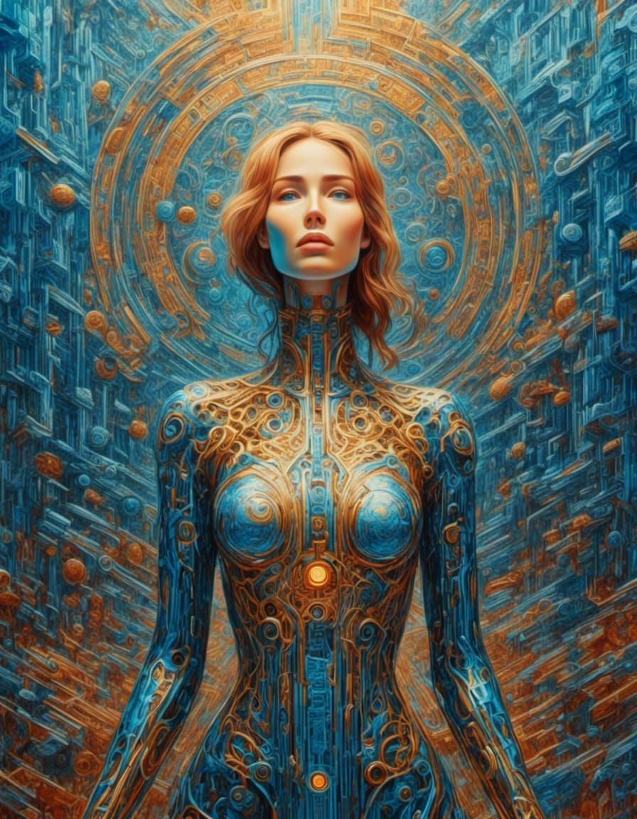 Cyber-Organic Woman in Machine God Church as Impasto Paintin...