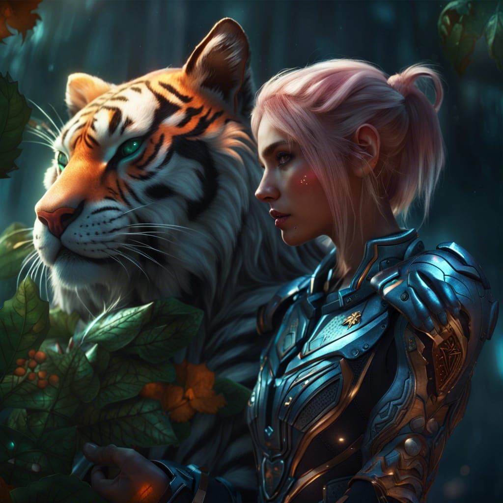 Elf and Tiger Sci-Fi Romance: Detailed Matte Painting