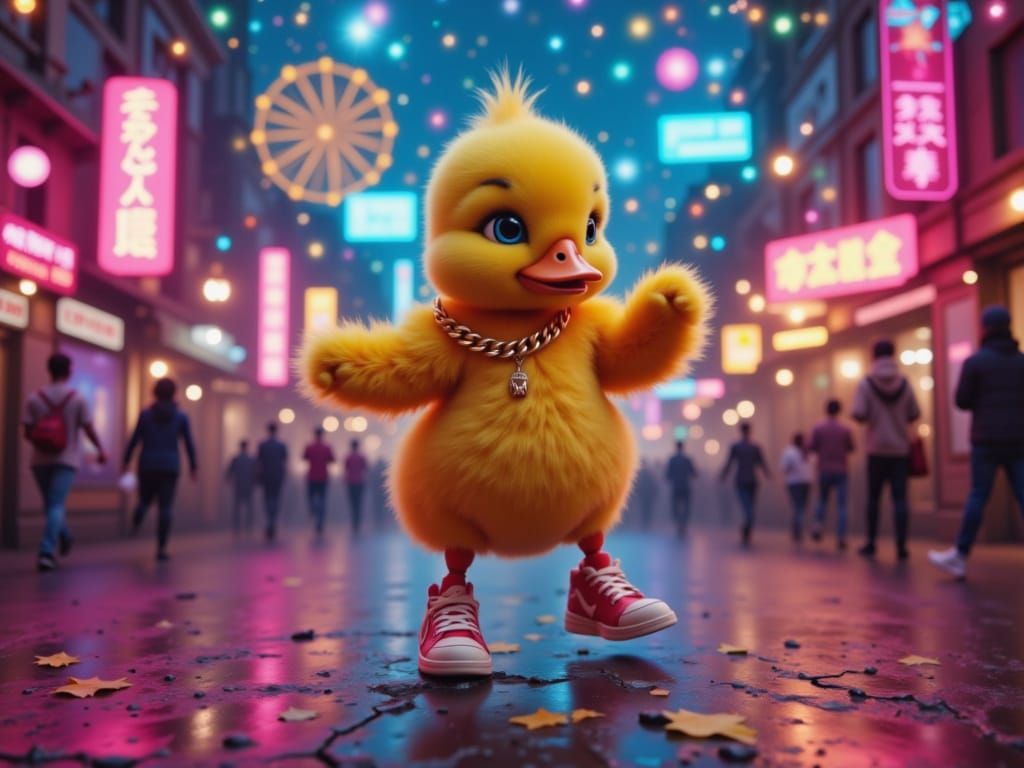 Duckling Hip-Hop Dancer in Neon Cityscape